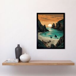 "Artery8 Wall Art Print Porthcurno Beach Sunrise Coastal Landscape Art Framed in Black - Size: W12"" x H16""" - thumbnail 2