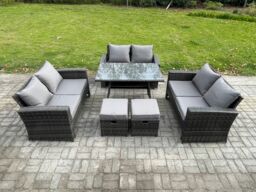 Fimous Outdoor Lounge Sofa Set Wicker PE Rattan Garden Furniture Set with Rectangular Dining Table 2 Seat Sofa in Dark Grey - thumbnail 1