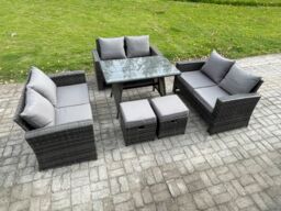 Fimous Outdoor Lounge Sofa Set Wicker PE Rattan Garden Furniture Set with Rectangular Dining Table 2 Seat Sofa in Dark Grey - thumbnail 2