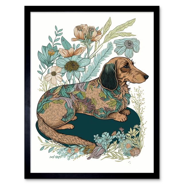 "Artery8 Wall Art Print Multicoloured Fur Dachshund Dog with Spring Flowers Modern Watercolour Art Framed in Black - Size: W12"" x H16""" - image 1