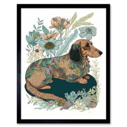 "Artery8 Wall Art Print Multicoloured Fur Dachshund Dog with Spring Flowers Modern Watercolour Art Framed in Black - Size: W12"" x H16""" - thumbnail 1