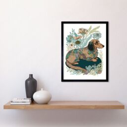 "Artery8 Wall Art Print Multicoloured Fur Dachshund Dog with Spring Flowers Modern Watercolour Art Framed in Black - Size: W12"" x H16""" - thumbnail 2