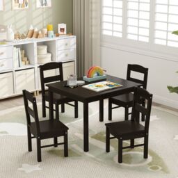 Gymax Table & 4 Chairs Set Activity Table Dining Table With Chairs in Dark Brown - thumbnail 4