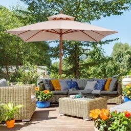 OUTSUNNY 3m Fir Wooden Garden Parasol Sun Shade Outdoor Umbrella Canopy in Beige - thumbnail 1