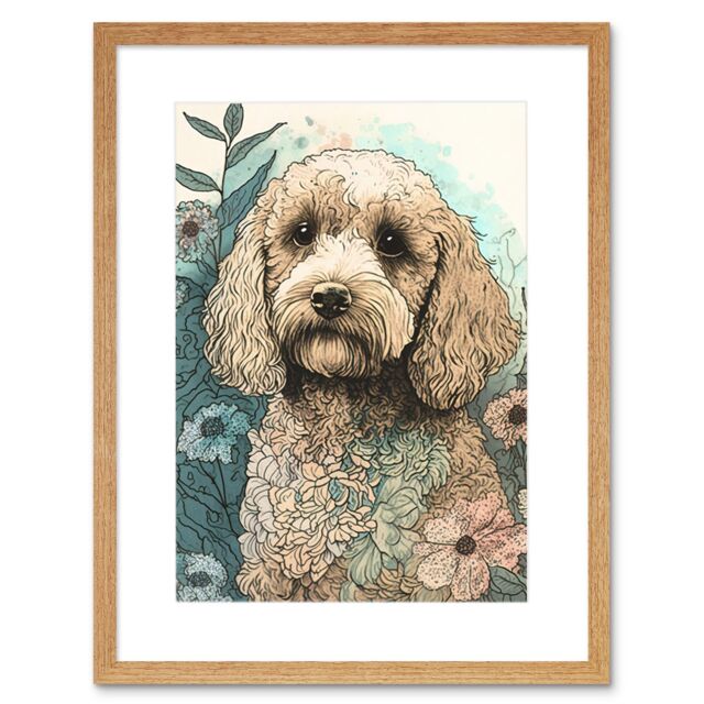 "Artery8 Wall Art Print Cockapoo Dog in Wildflower Field Pastel Watercolour Artwork Framed 9X7 Inch in Beige - Size: W7"" x H9""" - image 1