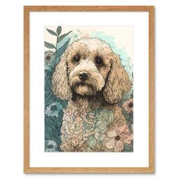 "Artery8 Wall Art Print Cockapoo Dog in Wildflower Field Pastel Watercolour Artwork Framed 9X7 Inch in Beige - Size: W7"" x H9""" - thumbnail 1