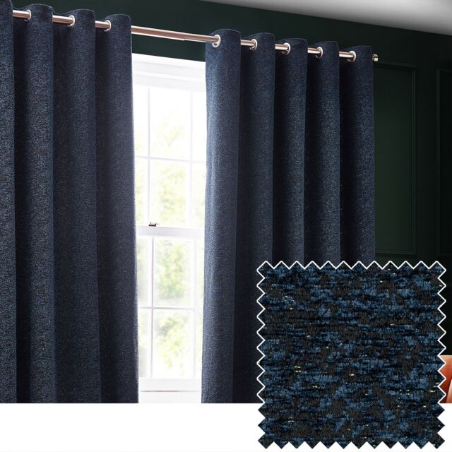 Paoletti Galaxy Velvet Chenille Eyelet Curtain Pair in Navy - Size: 117 cm width x 183 cm drop - image 1