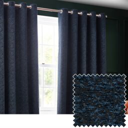 Paoletti Galaxy Velvet Chenille Eyelet Curtain Pair in Navy - Size: 117 cm width x 183 cm drop - thumbnail 1