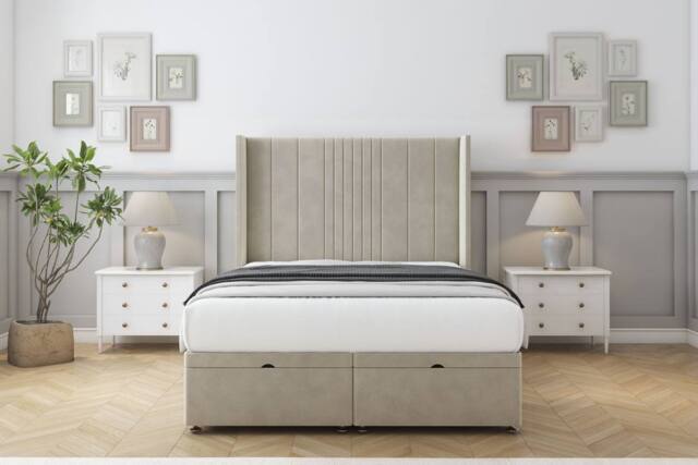 "Comfort Beds Grace Plush Ottoman Bed Base-54"" Wingback Headboard in Cream - Size: Single" - image 1