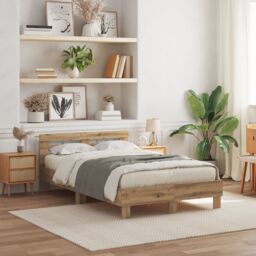 Berkfield Home Oak Bed Frame Artisan oak Solid oak wood 135 x 190 cm Durable in Brown - thumbnail 1