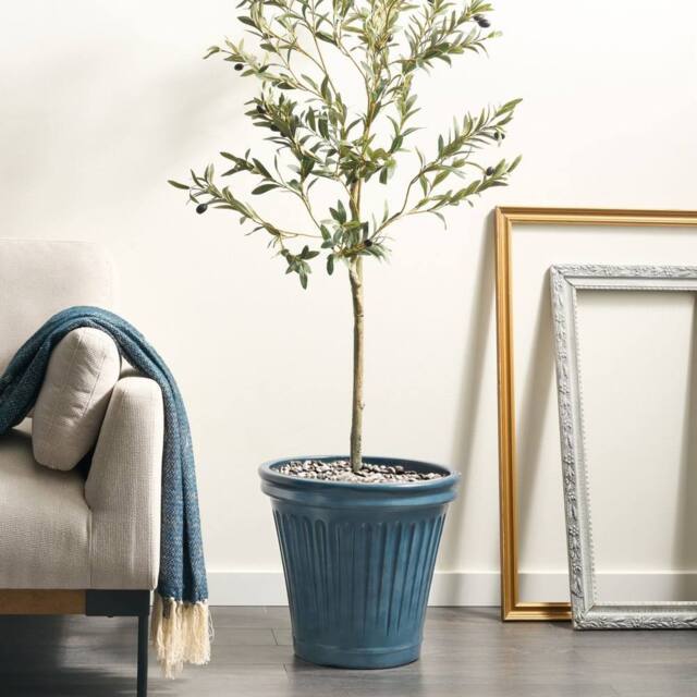 Wyld and Coco Blue Glazed Polyresin Flower Pot 43cm Round Indoor Outdoor Drainage - image 1