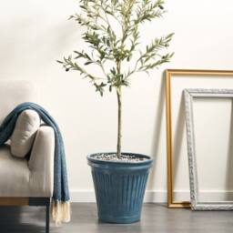 Wyld and Coco Blue Glazed Polyresin Flower Pot 43cm Round Indoor Outdoor Drainage - thumbnail 1