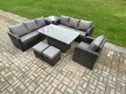 Fimous Outdoor Rattan Garden Furniture Sets Height Adjustable Rising lifting Dining Table Sofa Set with Reclining Chair Side Table in Dark Grey - thumbnail 2