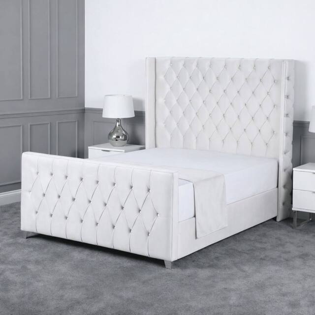 Living Comfort Bedz Seraphina Plush Velvet Upholstered Bed Slatted Base - 48Inch Headboard in White - Size: King - image 1