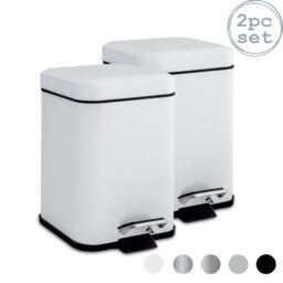 Harbour Housewares 2x Square Bathroom Pedal Bins 3L Stainless Steel Slim Rubbish Dustbin in White