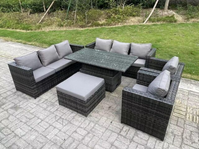 Fimous 9 Seater Outdoor Rattan Garden Furniture Set Adjustable Rising Lifting Dining Table With Chairs Footstool in Dark Grey - image 1
