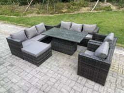 Fimous 9 Seater Outdoor Rattan Garden Furniture Set Adjustable Rising Lifting Dining Table With Chairs Footstool in Dark Grey - thumbnail 2