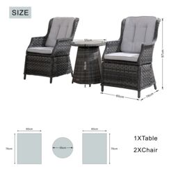Direct Wicker Bistro Set, Table with 5mm Toughened Glass Top, 2-Piece Aluminium Rattan Chairs, Grey - Size: 2 Pack - thumbnail 8