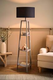 ValueLights Hiru Grey 3 Tier Wooden Shelf Floor Lamp with Large Drum Shade in Black - thumbnail 2