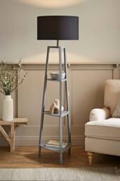 ValueLights Hiru Grey 3 Tier Wooden Shelf Floor Lamp with Large Drum Shade in Black