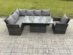 Fimous Wicker PE Outdoor Rattan Garden Furniture Set Height Adjustable Rising Lifting Table Sofa Dining Set with Armchair Dark Grey Mixed - thumbnail 2