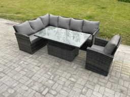Fimous Wicker PE Outdoor Rattan Garden Furniture Set Height Adjustable Rising Lifting Table Sofa Dining Set with Armchair Dark Grey Mixed - thumbnail 1