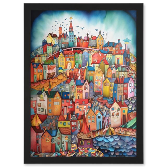 Artery8 Abstract Fishing Village Folk Art Artwork Framed Wall Art Print A4 in Black - image 1