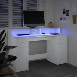 Berkfield Home Desk with LED Lights White 140x55x91 cm Engineered Wood - Size: 140 x 55 x 91 cm - thumbnail 5