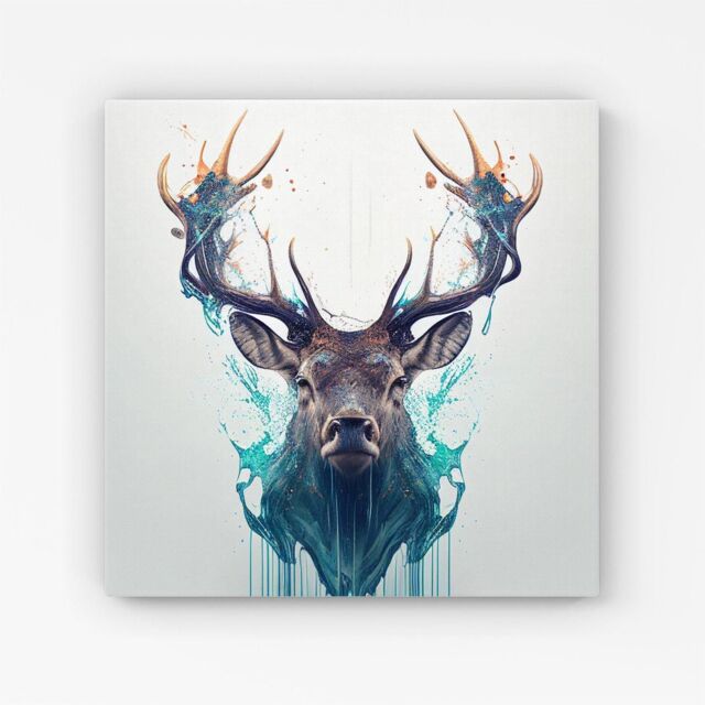 Warren Reed - Designer Stag Face Splashart Canvas in White - Size: w10 inch x h10 inch - image 1