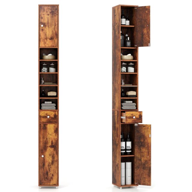 Gymax Silm Bathroom Tall Cabinet Narrow Linen Tower With 2 Door & 1 Drawer in Light Brown - image 1
