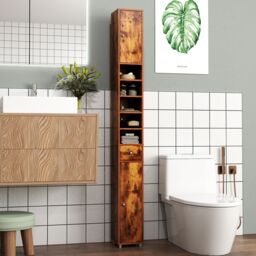 Gymax Silm Bathroom Tall Cabinet Narrow Linen Tower With 2 Door & 1 Drawer in Light Brown - thumbnail 8