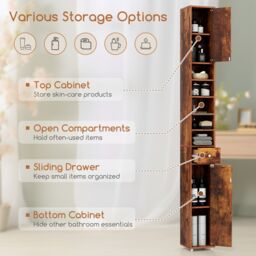 Gymax Silm Bathroom Tall Cabinet Narrow Linen Tower With 2 Door & 1 Drawer in Light Brown - thumbnail 4