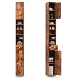 Gymax Silm Bathroom Tall Cabinet Narrow Linen Tower With 2 Door & 1 Drawer in Light Brown - thumbnail 1