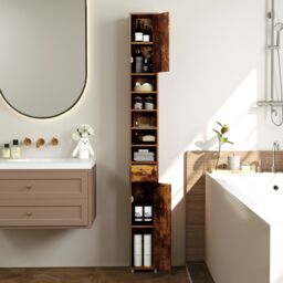 Gymax Silm Bathroom Tall Cabinet Narrow Linen Tower With 2 Door & 1 Drawer in Light Brown - thumbnail 9
