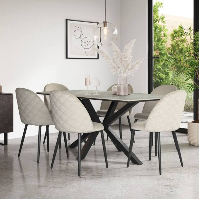 More4Homes Juno Light grey Ceramic Dining Table & 6 Raye Velvet Chairs in Beige - image 1