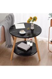 Living and Home Double-Tier Round Wooden Side Table， 50cm W x 50cm D x 50cm H in Black - Size: 50 cm W x 50 cm D x 50 cm H - thumbnail 9