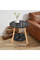 Living and Home Double-Tier Round Wooden Side Table， 50cm W x 50cm D x 50cm H in Black - Size: 50 cm W x 50 cm D x 50 cm H