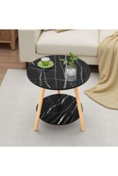 Living and Home Double-Tier Round Wooden Side Table， 50cm W x 50cm D x 50cm H in Black - Size: 50 cm W x 50 cm D x 50 cm H - thumbnail 2