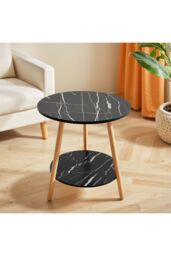 Living and Home Double-Tier Round Wooden Side Table， 50cm W x 50cm D x 50cm H in Black - Size: 50 cm W x 50 cm D x 50 cm H - thumbnail 8