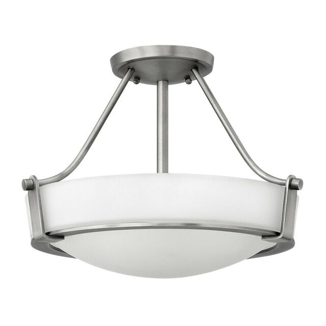 Loops 3 Bulb Semi Flush Light Opal Glass Metal Ring Antique Nickel LED E27 100W in Metallics