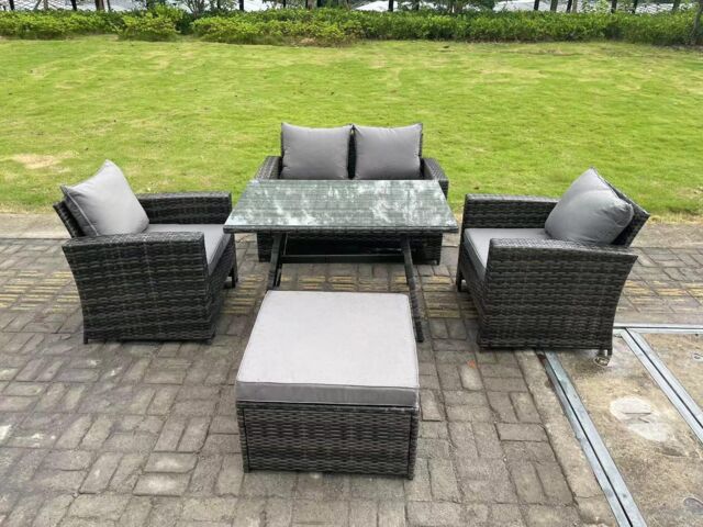 Fimous 5 Seater Outdoor Dark Grey Mixed High Back Rattan Sofa Dining Table Set Garden Furniture Big Footstool