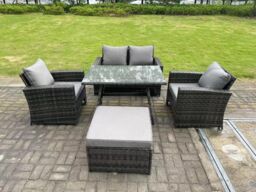 Fimous 5 Seater Outdoor Dark Grey Mixed High Back Rattan Sofa Dining Table Set Garden Furniture Big Footstool - thumbnail 1