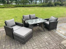 Fimous 5 Seater Outdoor Dark Grey Mixed High Back Rattan Sofa Dining Table Set Garden Furniture Big Footstool - thumbnail 3