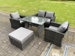 Fimous 5 Seater Outdoor Dark Grey Mixed High Back Rattan Sofa Dining Table Set Garden Furniture Big Footstool - thumbnail 2