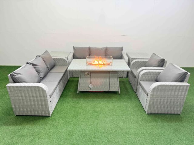 Fimous PE Rattan High Back Lounge Sofa Set Patio Firepit Dining Table & Chairs Set with 3 Seater Sofa Reclining Chair 2 Side Table Light Grey - image 1