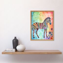 "Artery8 Wall Art Print Rainbow Floral Zebra Folk Art Framed in Light Oak - Size: W12"" x H16""" - thumbnail 2