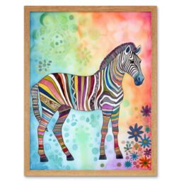 "Artery8 Wall Art Print Rainbow Floral Zebra Folk Art Framed in Light Oak - Size: W12"" x H16""" - thumbnail 1