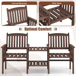 Gymax Outdoor Fir Wood Loveseat with 2-Tier Side Table & 5 cm Umbrella Hole in Brown - thumbnail 6