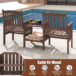 Gymax Outdoor Fir Wood Loveseat with 2-Tier Side Table & 5 cm Umbrella Hole in Brown - thumbnail 4