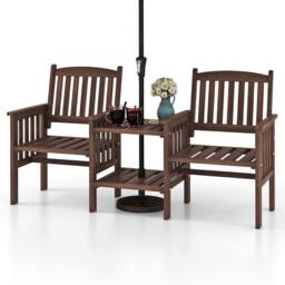 Gymax Outdoor Fir Wood Loveseat with 2-Tier Side Table & 5 cm Umbrella Hole in Brown - thumbnail 1